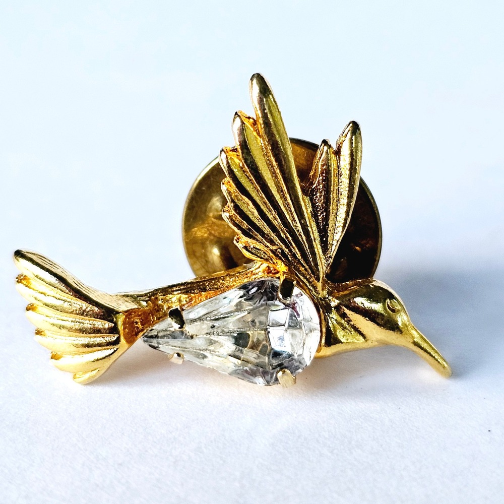 Vintage Hummingbird Lapel Pin Gold Tone Crystal Bird Tie Tack Nature Core